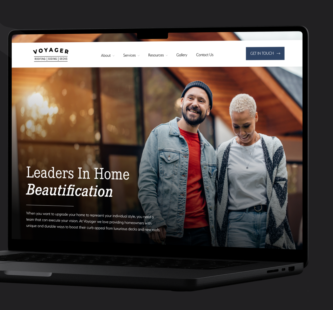 A laptop screen showcases a home improvement website designed by Duluth Web Design, featuring a smiling couple and the tagline "Leaders In Home Beautification." The site includes a clear navigation menu with options for About, Services, and Contact Us.
