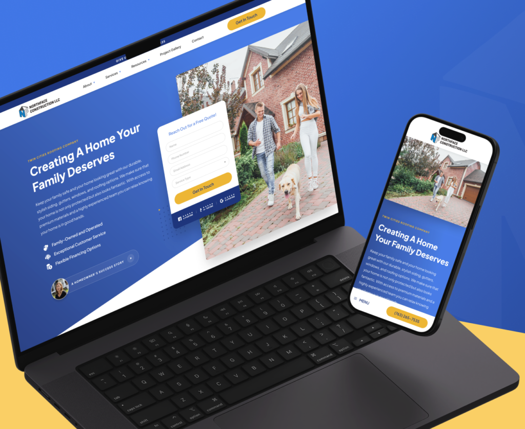Displayed on a laptop and smartphone, our Minneapolis web design for a real estate site spotlights a family home scene with striking visuals of a family walking their dog. The background's blue and yellow hues complement the vibrant design theme, delivering an engaging user experience.