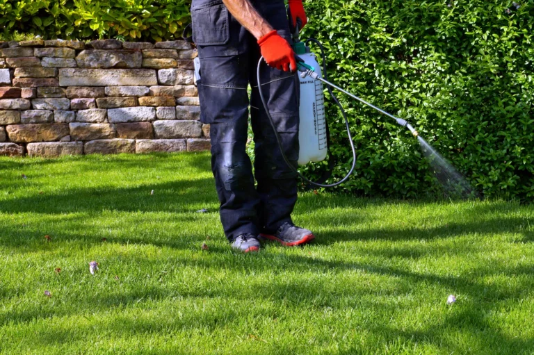 A person in black pants, orange gloves, and sneakers expertly sprays pest control liquid from a white tank onto a lush green lawn. A stone wall and hedge frame the scene under a partially sunny sky, highlighting the care taken to maintain the perfect yard, representing powerful pest control marketing services