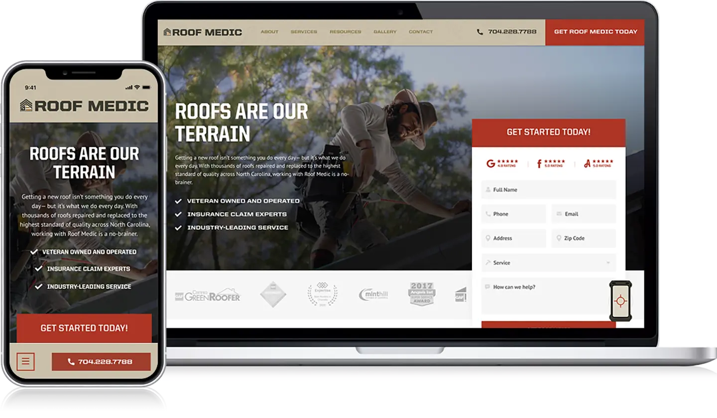 On Hook Agency's website, a smartphone and laptop display the Roof Medic site, proudly stating "Roofs Are Our Terrain." The website offers detailed service information, compelling case studies, and an easy-to-use contact form to ensure smooth customer interaction.