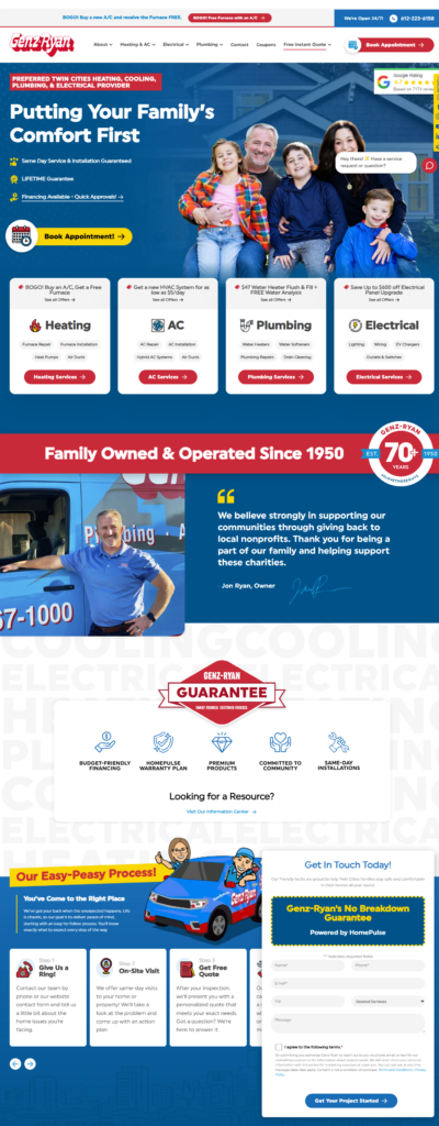 Christian Brothers Air homepage: smiling family, clear service categories, reviews, guarantees, contact form, and main menu.