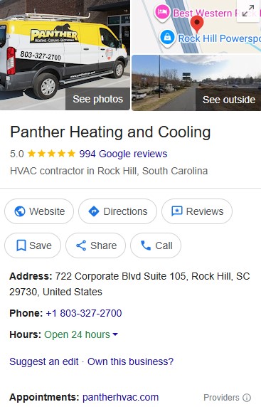 Google listing for Panther Heating and Cooling: van, contact info, 5-star rating (994 reviews), map, and nearby hotels shown.