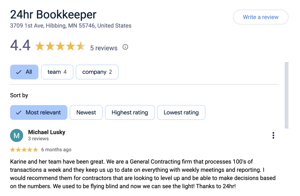 Google review: "24hr Bookkeeper" in Hibbing, MN—4.4 stars from 5 reviews.