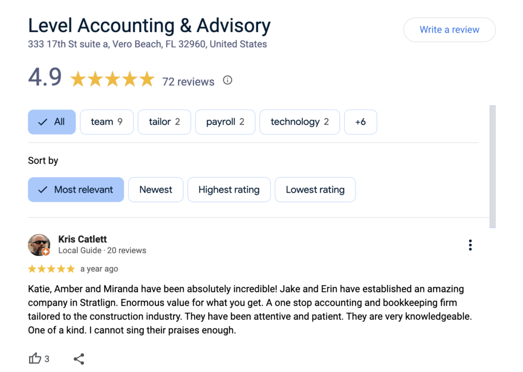 Level Accounting & Advisory in Vero Beach holds a 4.9-star Google rating from 72 reviews, highlighting expert, valued service.