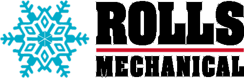 On Hook Agency's site: blue snowflake icon, bold "ROLLS" in black above red line, "MECHANICAL" in black below the line.