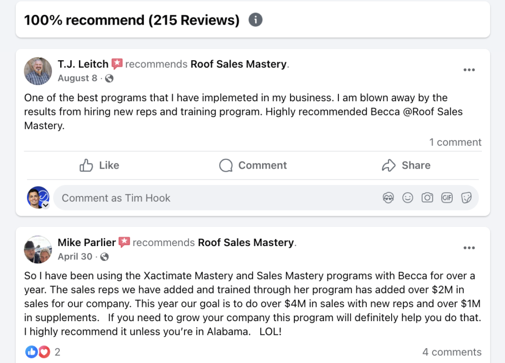 Facebook reviews on Roof Sales Mastery