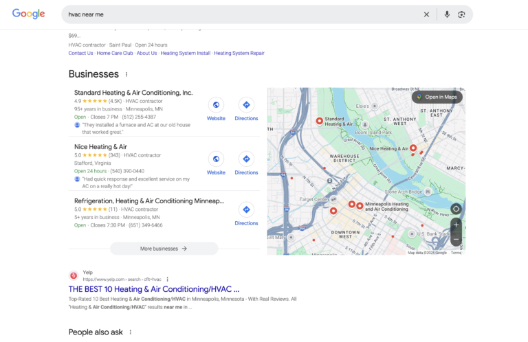 On our website, we detail how a Google search for "hvac near me" prominently displays a map with pins featuring the top SEO-optimized businesses: Standard Heating & Air Conditioning, Nice Heating & Air, and Refrigeration, Heating & Air Conditioning in Minneapolis, MN.