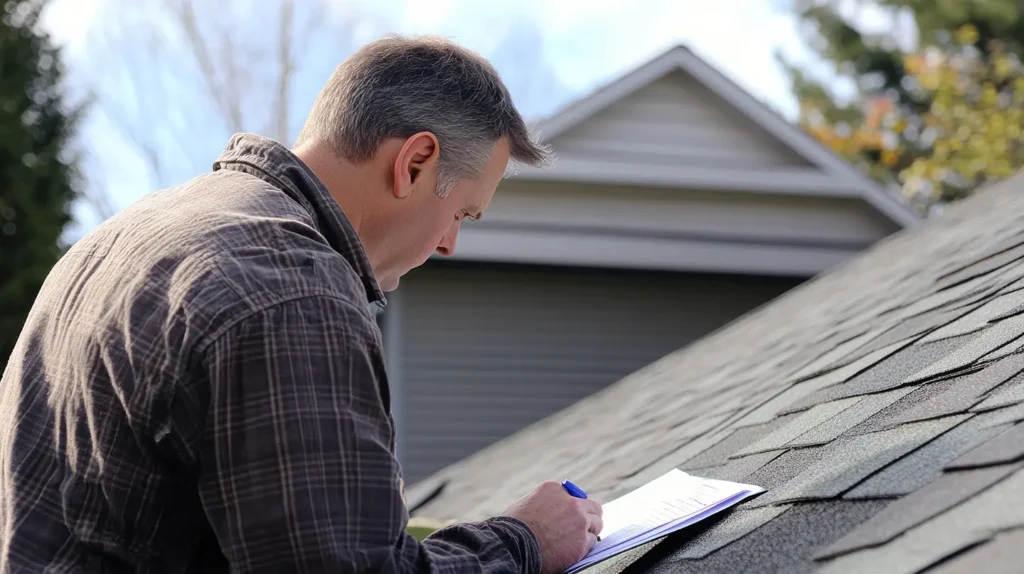 A professional in a plaid shirt carefully inspects a worn, shingle-covered roof, meticulously noting essential details on a clipboard. The inspection occurs against the backdrop of a tree-surrounded house, highlighting the thoroughness and diligence of the evaluation.
