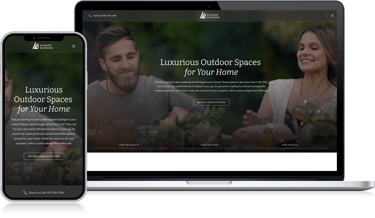 The website is displayed on a laptop and phone, featuring a lookbook of luxurious outdoor spaces. Both screens showcase an image of a smiling couple dining outdoors. Prominently displayed text reads, "Luxurious Outdoor Spaces for Your Home," with a clear "Book Consultation" option easily accessible.