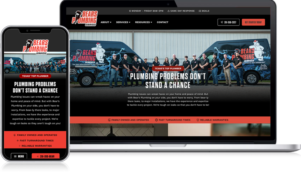 Showcased on mobile and laptop screens, the Bears Plumbing Services website embodies a plumbing lookbook aesthetic. Highlighted is the team posed confidently in front of their service vans, underlining the message: "Plumbing Problems Don’t Stand a Chance." Essential contact information and detailed service offerings are clearly and prominently displayed for easy access.