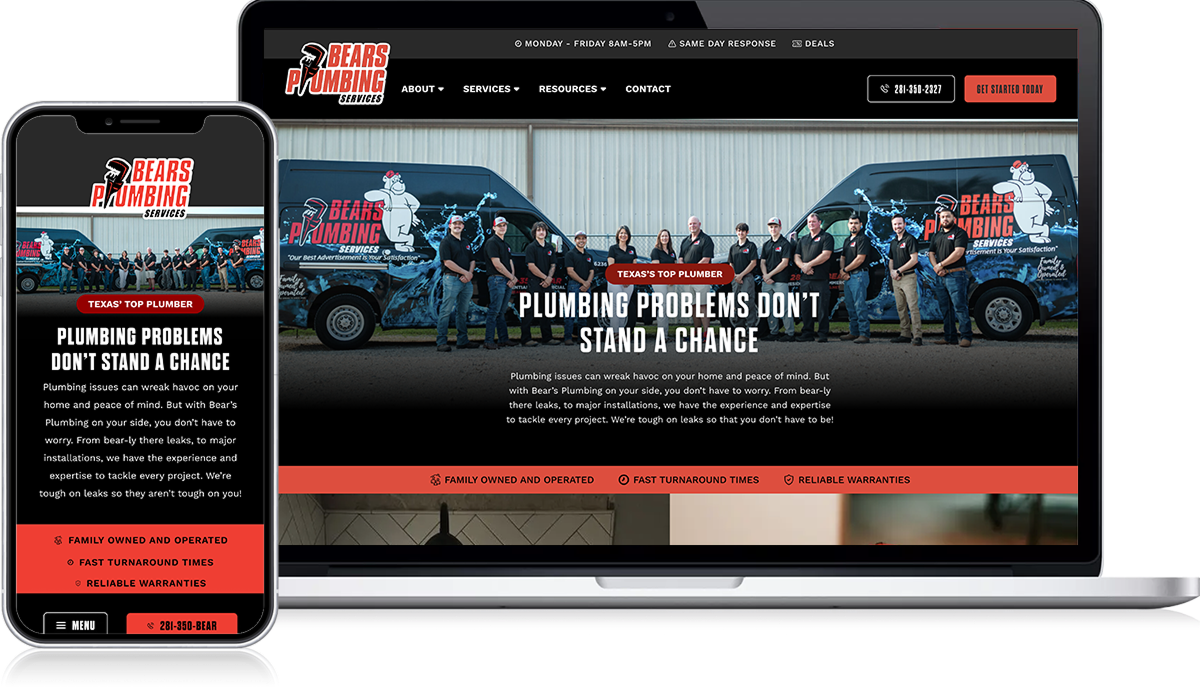 Showcased on mobile and laptop screens, the Bears Plumbing Services website embodies a plumbing lookbook aesthetic. Highlighted is the team posed confidently in front of their service vans, underlining the message: "Plumbing Problems Don’t Stand a Chance." Essential contact information and detailed service offerings are clearly and prominently displayed for easy access.