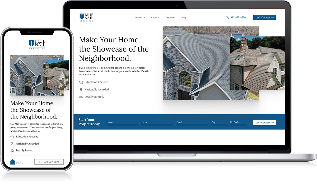 On Hook Agency's website, a smartphone and laptop display a roofing company’s site featuring a roof lookbook. The homepage prominently showcases services such as installation, repair, and education. It includes contact information and the compelling tagline: "Make Your Home the Showcase of the Neighborhood.