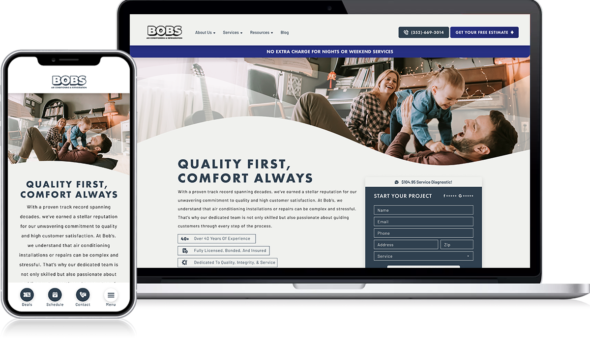 On Hook Agency's website, a smartphone and laptop display the elegant design of Bob's HVAC Services' site. Featuring an image of a father and child at play, it prominently displays the message: "Quality First, Comfort Always." Visitors can easily find contact information and initiate a project with the available form.