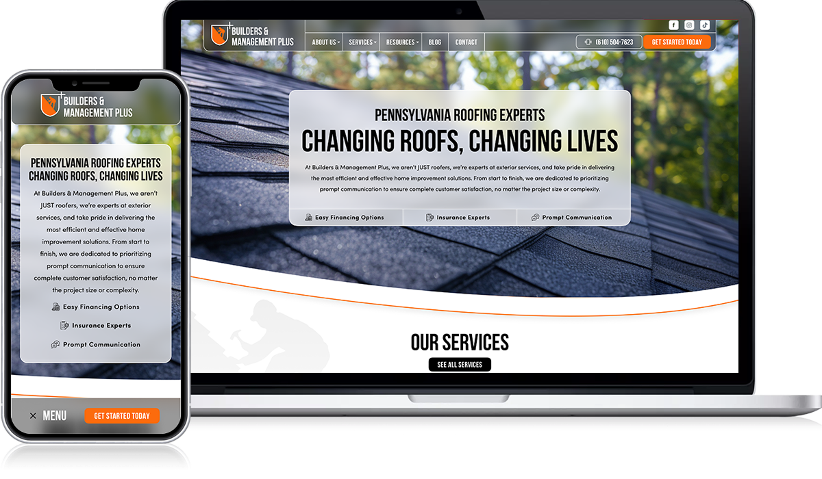 Showcase your roofing company with a sleek digital presentation on mobile and laptop displays. Highlight sections such as "Pennsylvania Roofing Experts" and "Changing Roofs, Changing Lives" to captivate visitors. Ensure services and contact details are easily accessible for a seamless customer experience.