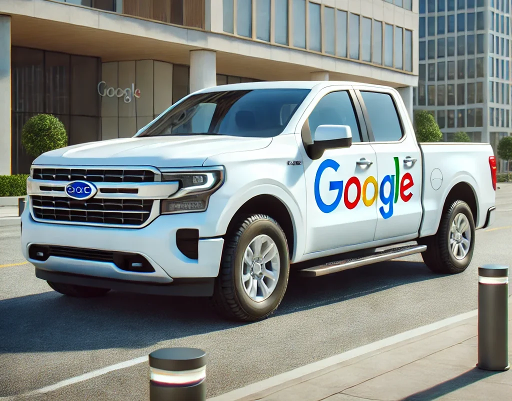 A Google-branded white pickup truck is parked on a city street in front of a sleek office building also featuring the Google logo. This urban backdrop, set against clear skies, signifies advanced lead generation strategies.