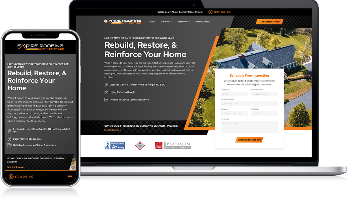 Displayed on a smartphone and laptop are key elements of a roofing company's website. The smartphone features the homepage, focusing on home rebuilding services. Meanwhile, the laptop presents a sleek lookbook alongside a form to schedule a free inspection. Both devices prominently showcase the company’s logo and contact information for easy access.