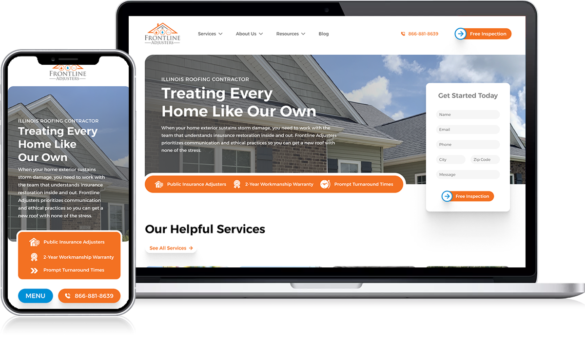 On the Hook Agency website, a smartphone and laptop showcase a roofing contractor's site. This site features a digital lookbook detailing services like insurance adjustment and warranties. It emphasizes careful home treatment and offers straightforward contact options via phone or form.