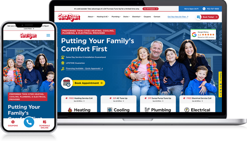 On Hook Agency's website, both smartphone and laptop screens display the same cohesive digital lookbook featuring a vibrant image of a smiling family of five. The site prominently offers comprehensive services in heating, cooling, plumbing, and electrical solutions. A striking red "Book Appointment" button invites immediate action. Complementing these elements is a stylized house illustration that serves as the background.