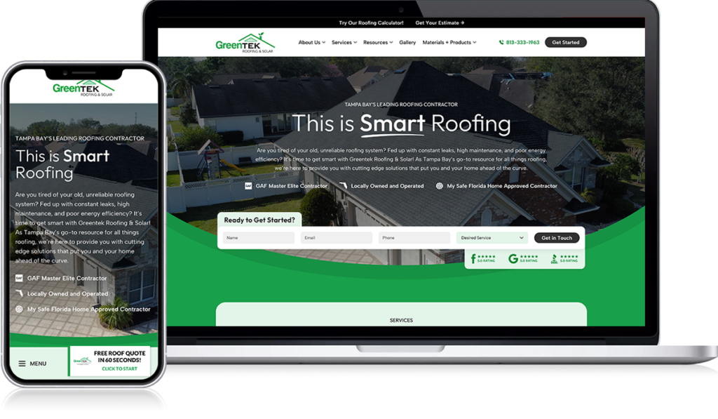 Displayed is a laptop featuring a roofing contractor's website, prominently marked with GAF Master Elite and Ygrene logos. The webpage highlights "Smart Roofing," alongside essential contact details, a bold call-to-action button, and intuitive navigation links. Aerial views of houses serve as the backdrop, resembling an elegant digital lookbook.