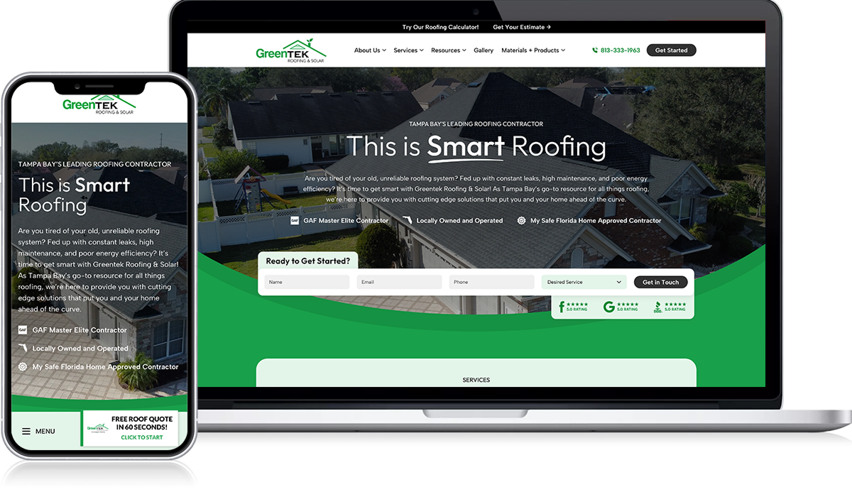 Displayed is a laptop featuring a roofing contractor's website, prominently marked with GAF Master Elite and Ygrene logos. The webpage highlights "Smart Roofing," alongside essential contact details, a bold call-to-action button, and intuitive navigation links. Aerial views of houses serve as the backdrop, resembling an elegant digital lookbook.