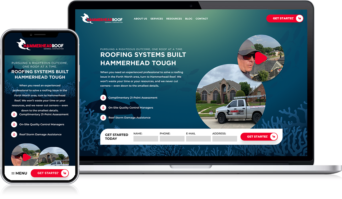 On Hook Agency's website, discover a cutting-edge responsive website design for a roofing services company, prominently featuring a red hammerhead shark logo. View this dynamic design on both smartphone and laptop screens in our lookbook. Click "Get Started" to explore images showcasing the branded house, roofer, and truck signage.