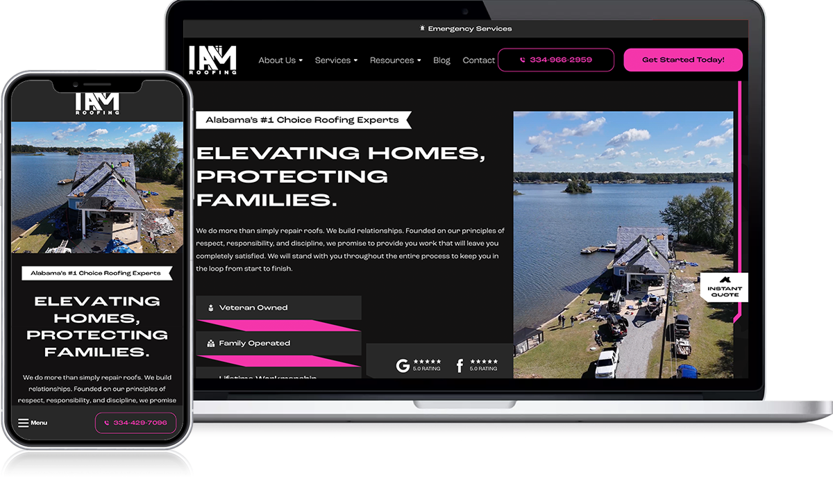 Displayed on a laptop and smartphone, a featured website highlights a roofing company with the tagline "Elevating Homes, Protecting Families." Explore our stylish lakefront home lookbook. Contact us now or click "Get Started" to begin your project.