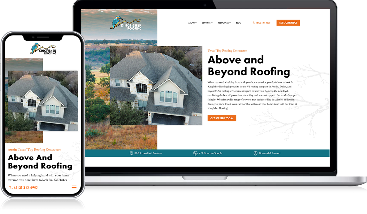 On Hook Agency's website, a sophisticated layout showcases "Above and Beyond Roofing" on both smartphone and laptop screens. The design resembles a digital lookbook, featuring an image of a house prominently. Navigation links are positioned at the top for simplicity, while contact information is easily accessible at the bottom.