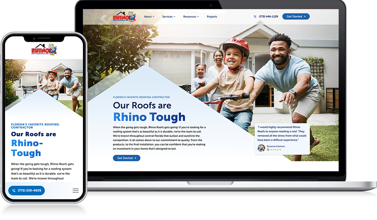 Displayed on a laptop and smartphone, the roofing contractor's website is presented in a lookbook style. The design spotlight features an image of a smiling man with two children in front of their home. It emphasizes "Rhino Tough" roofs and offers contact details alongside a clearly marked "Get Started" button.