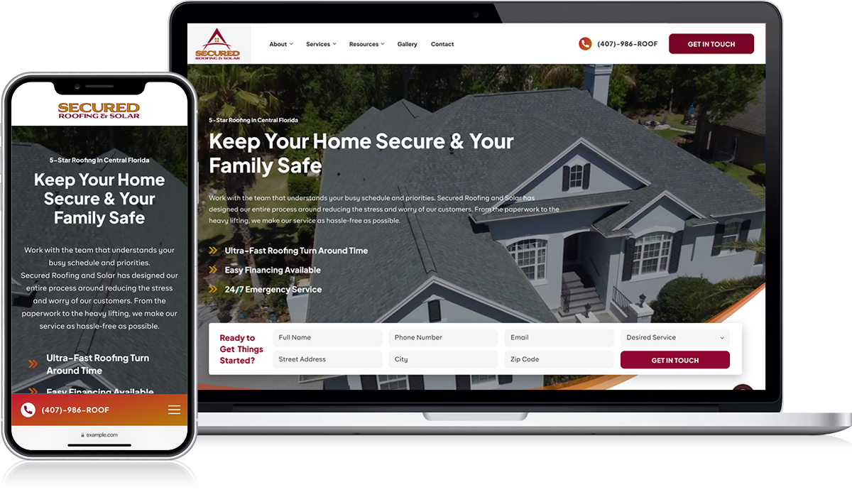 On the "Secured Roofing & Solar" lookbook webpage, a laptop and smartphone display key offerings. Featured is a house with gray shingles, emphasizing services such as efficient roofing solutions, quick turnaround times, flexible financing options, and 24/7 emergency support. Prominent contact details and an accessible "Get In Touch" button ensure immediate communication.