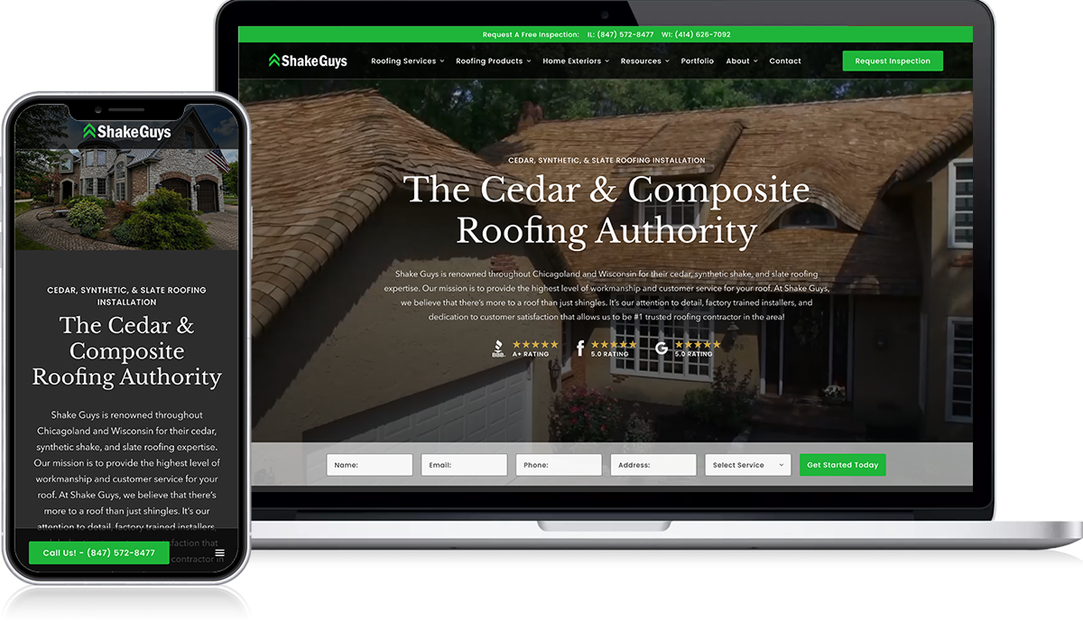 Displayed on a smartphone and laptop, the Shake Guys website effectively highlights their cedar and composite roofing expertise through a digital lookbook. The homepage prominently features a house with a textured roof, ensuring seamless navigation for service details and easy scheduling of roof inspections.