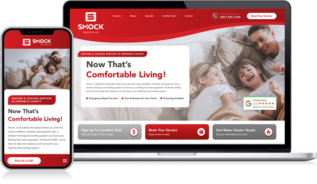 A smartphone and laptop display a sleek heating and cooling service website, reminiscent of a modern lookbook. The homepage highlights a cozy family in bed, clearly presents service options, contact details, and includes a strong call-to-action for scheduling. The design is contemporary, featuring distinctive red and white accents.