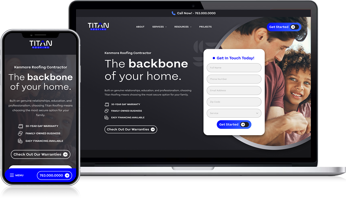 Explore Titan Roofing’s digital lookbook, showcasing our services with the tagline "The Backbone of Your Home." On mobile, easily access our call option and menu, while on desktop, click "Get Started" to initiate your project.