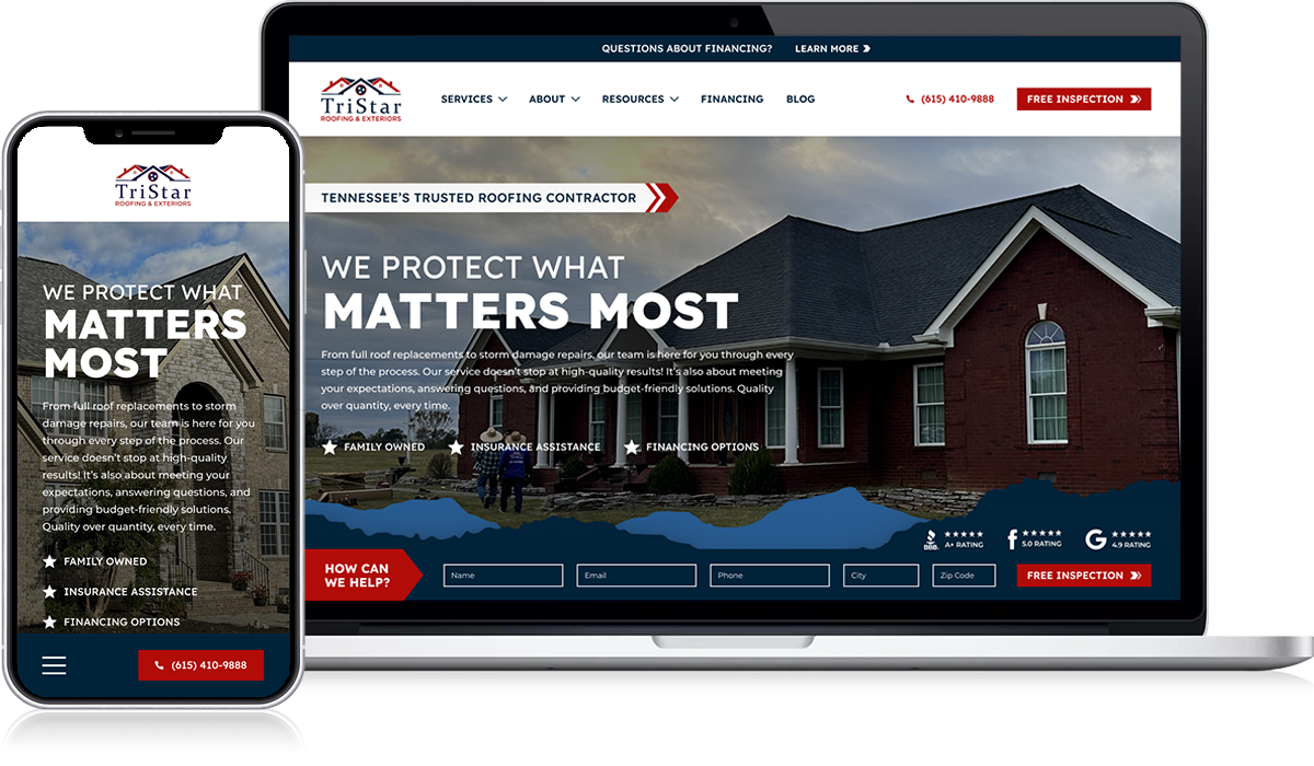 Displayed on a smartphone and laptop, our roofing company's website resembles a modern lookbook. It prominently features images of homes, our company logo, contact information, and bold statements such as "We Protect What Matters Most" and "Tennessee’s Trusted Roofing Contractor.