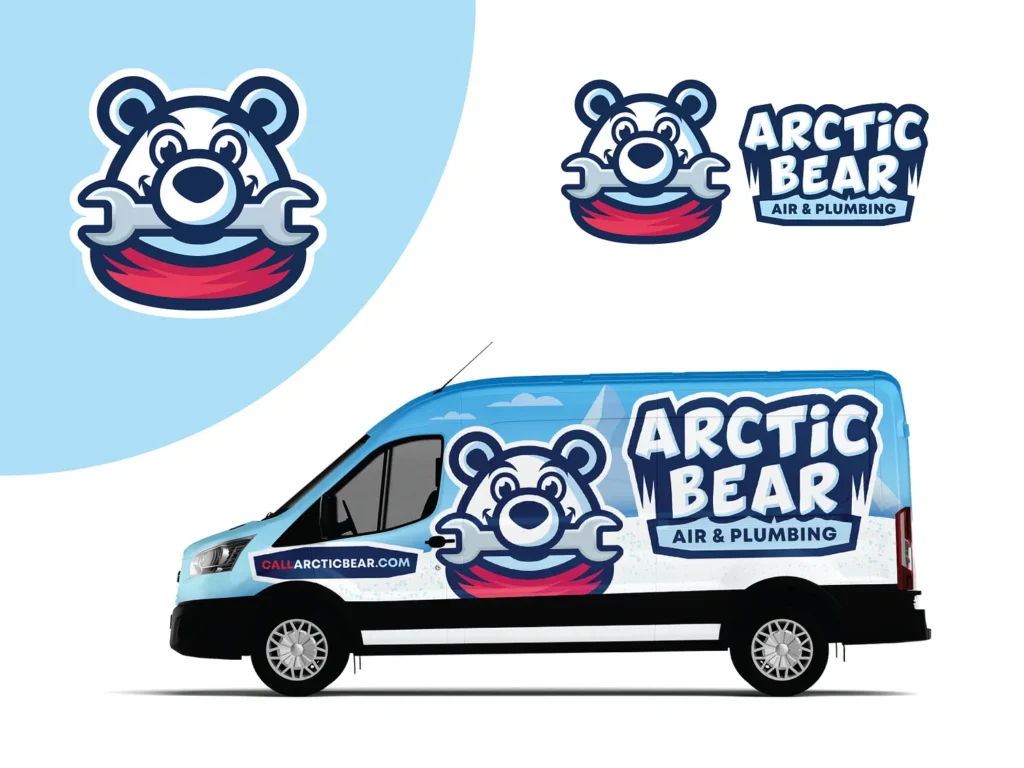 Featured on Hook Agency's website is an image of a white van adorned with a vibrant cartoon bear logo, accompanied by the text "Arctic Bear Air & Plumbing." This creative and inviting HVAC logo serves as inspiration for heating and cooling companies. Above the van, the same design is prominently displayed alongside the URL "CALLARCTICBEAR.COM.