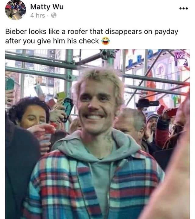 On Hook Agency's website: A man in a plaid jacket and hoodie smiles confidently in a crowd. Social media comments humorously suggest he resembles a roofer who vanishes on payday, while those around him capture the moment with phones and cameras.