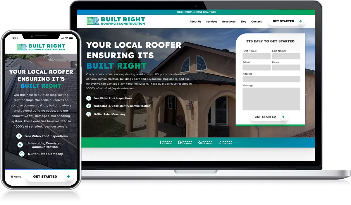 Displaying a responsive website design for "Built Right Roofing & Construction," this image features both smartphone and laptop views. The site includes an elegant lookbook with house imagery and a prominently placed contact form.