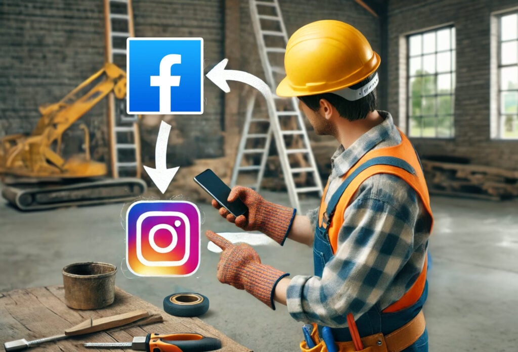 A construction worker, equipped with a hard hat and safety gear, utilizes a smartphone in an industrial environment. Above him, arrows link the Facebook and Instagram logos, representing a social media tutorial. Tools and a blurred construction vehicle are present in the background.