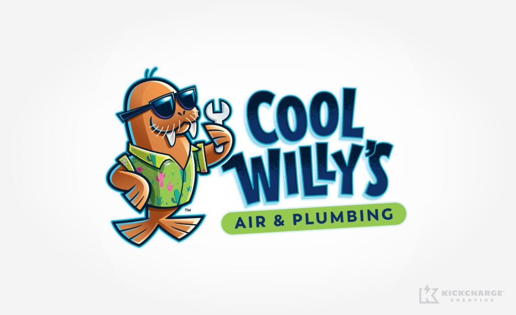 Cartoon Graphic: A stylish walrus in sunglasses and a tropical shirt, clutching a wrench. Text: "Cool Willy's Air & Plumbing: The Premier HVAC Logo." This lively and colorful design embodies the dynamic spirit of leading cooling companies. Logo located bottom right.