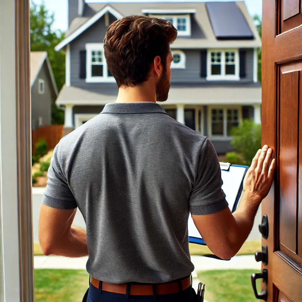 On Hook Agency's website, a professional stands authoritatively at a doorway, clipboard in hand. Dressed in a gray polo and dark pants, he assesses a suburban neighborhood. The modern two-story house before him features solar panels on the roof, showcasing advanced roofing solutions.