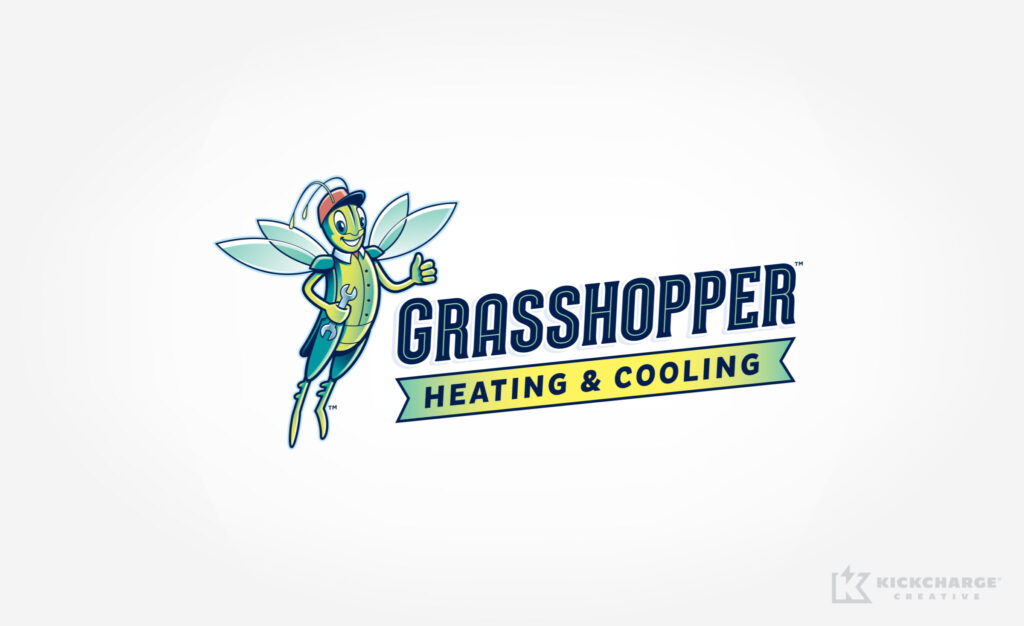 Logo for Grasshopper Heating & Cooling: The design showcases a cartoon grasshopper giving a thumbs up, with "GRASSHOPPER" prominently displayed above "HEATING & COOLING" on a banner. Set against a light gray background, this logo is exemplary among HVAC branding. A small credit for "KickCharge Creative" appears in the corner.