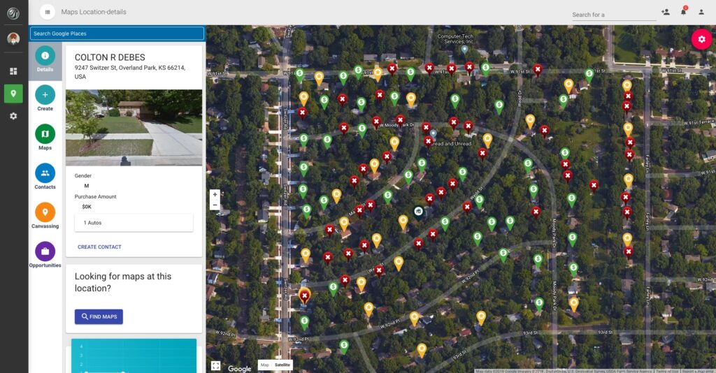 An aerial map displays neighborhood locations marked with colored pins, highlighting storm restoration sites identified by Hail Trackers. A sidebar provides details for roofing services: "COLTON R DEBES, 5907 Skinner Dr, Overland Park, KS 66214, USA," with contact and map options readily accessible.