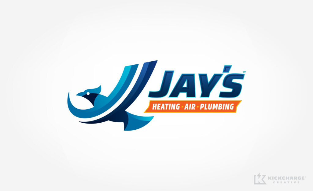 Introducing the Jay's Heating, Air, Plumbing logo: A sleek blue bird with dynamic lines embodies top HVAC branding. The bold "JAY'S" in blue commands attention above an orange rectangle featuring "HEATING - AIR - PLUMBING." Ideal for industry-leading cooling companies.