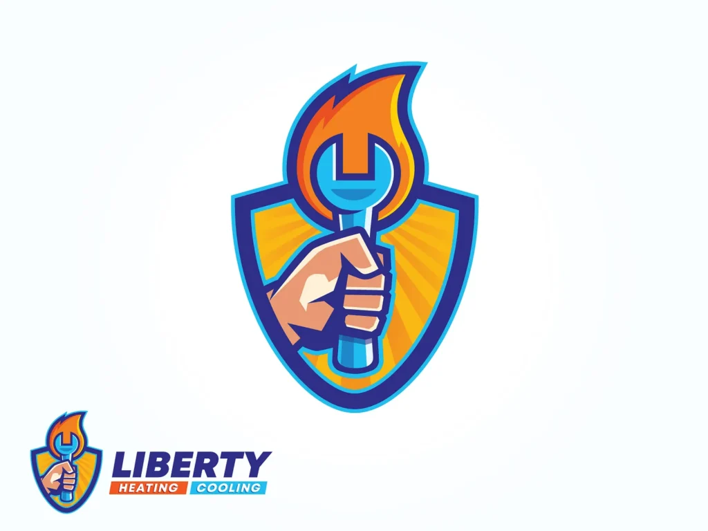 The logo prominently displays a shield with a hand clutching a wrench and is topped with a flame, symbolizing strength and expertise. Below, the company name "Liberty Heating Cooling" is featured in an HVAC-inspired design. "Heating" is highlighted within an orange box, while "Cooling" sits in a blue box, ensuring it stands out in the competitive heating and cooling industry.