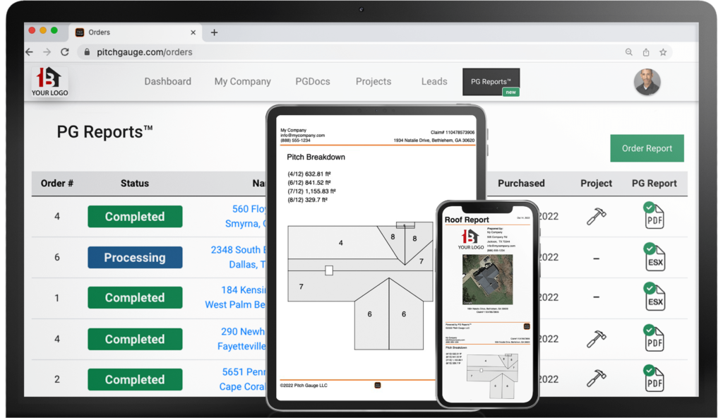 On Hook Agency's website, a laptop showcases a PG reports webpage, indicating statuses such as "Processing" and "Completed." Accompanying it, a tablet and smartphone display advanced illustrations and 2025 roof measurement data utilized by leading roofing companies.