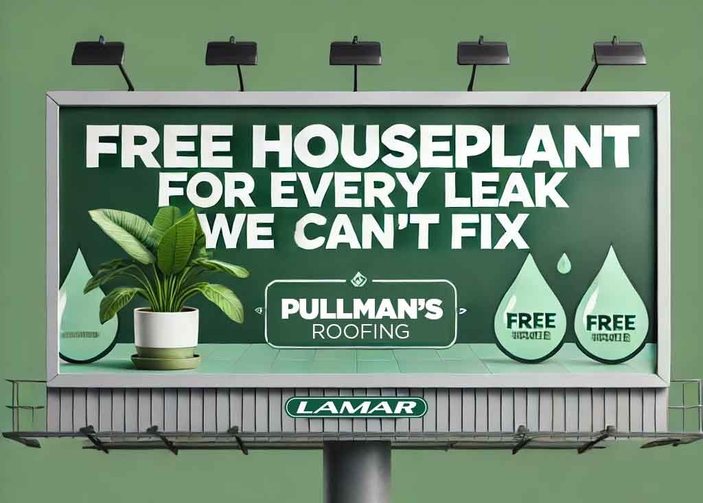 On Hook Agency's website, a green-background billboard humorously offers a houseplant at no charge if Pullman's Roofing can't fix your leak. Accompanied by an image of a plant and water droplets next to the word "Free," this clever roofing guarantee is prominently branded with the company's name.