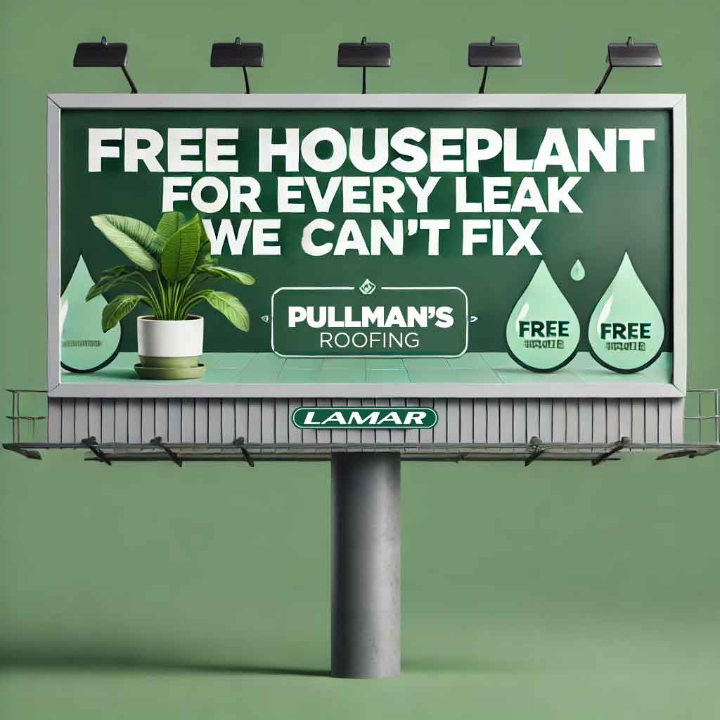 On Hook Agency's website, a green-background billboard humorously offers a houseplant at no charge if Pullman's Roofing can't fix your leak. Accompanied by an image of a plant and water droplets next to the word "Free," this clever roofing guarantee is prominently branded with the company's name.