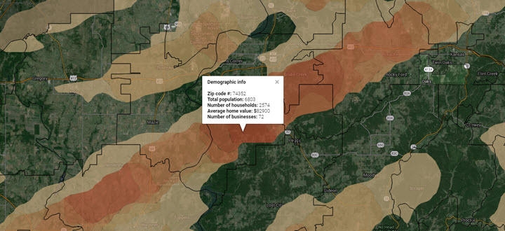 Hook Agency presents a map highlighting storm restoration efforts in ZIP code 7,525. The interactive pop-up provides key demographic data: 6,603 residents, 571 households, an average home value of $250,000, and 72 businesses. Dynamic multicolored overlays feature hail activity tracking within the area.
