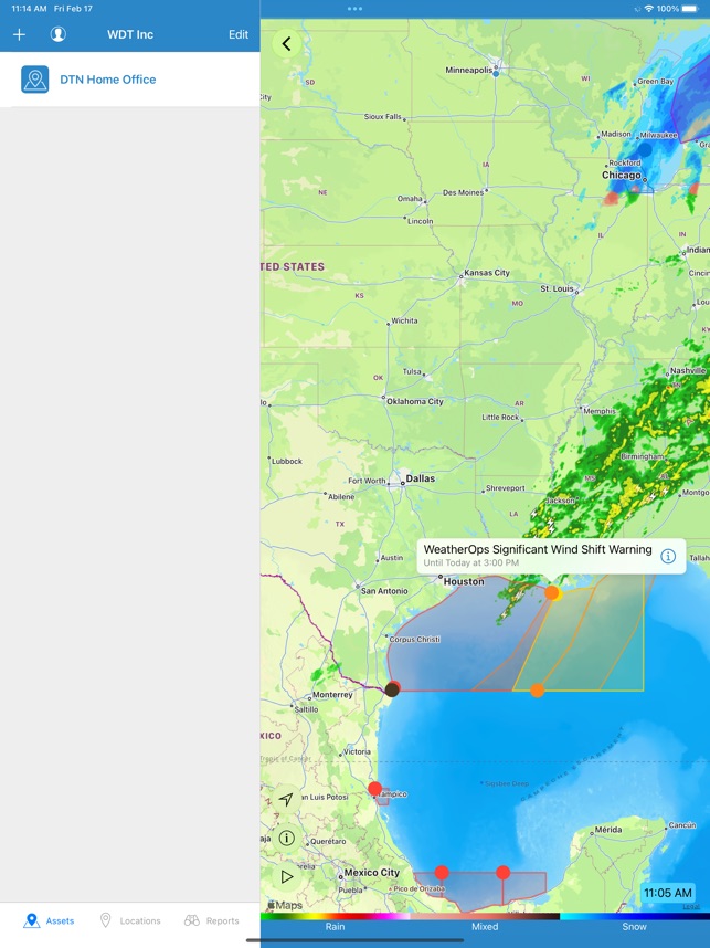 The weather map indicates a substantial wind shift warning in the Gulf of Mexico, with colored bands highlighting significant rainfall across Texas and Louisiana. Roofing services may be essential in these areas. Major cities and state boundaries are clearly marked for reference.