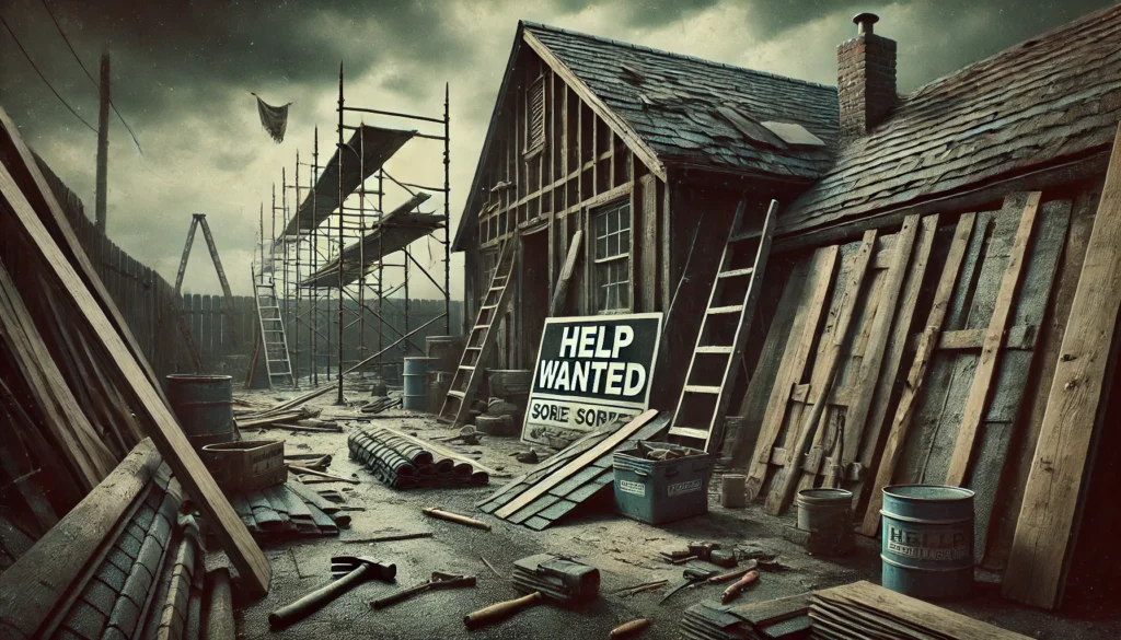 A half-constructed house, surrounded by scaffolding and scattered wooden planks, tools, and barrels, symbolizes the roofing industry's challenges amid strict immigration crackdowns. A "Help Wanted" sign leans against the structure under dark, cloudy skies, highlighting the urgent need for skilled labor.