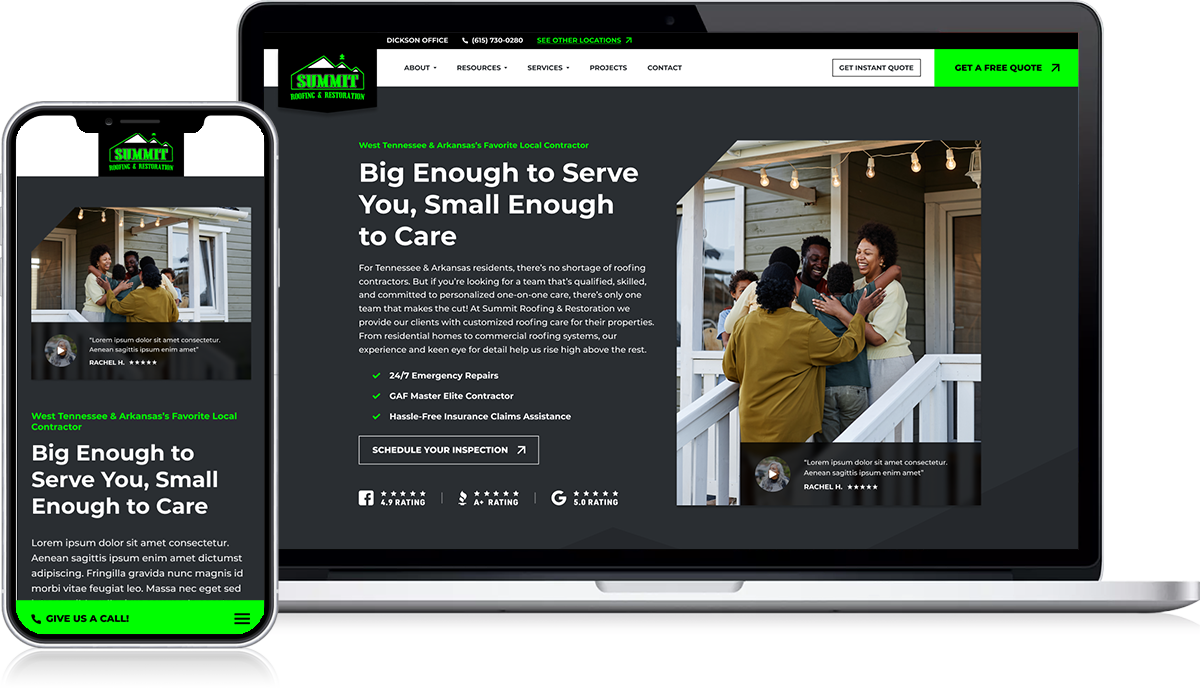 On Hook Agency's website, a laptop and smartphone screen present a local contractor's site. The headline boldly declares, "Big Enough to Serve You, Small Enough to Care." Beside this, an image captures two people shaking hands on a porch. The site is equipped with multiple contact options, client testimonials, and a lookbook that highlights past projects effectively.